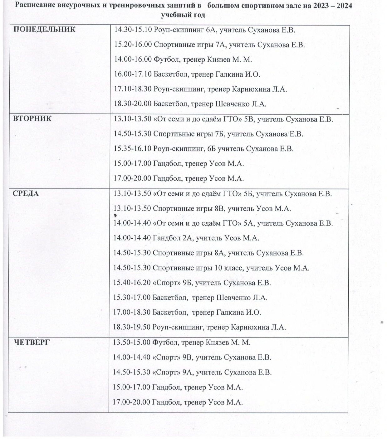 Расписание внеурочных и тренировочных занятий в спортивных залах школы на  2023-2024 учебный год